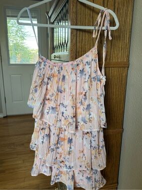 Just Me One-Shoulder Tiered Floral Dress in Blush, Peach & Slate
